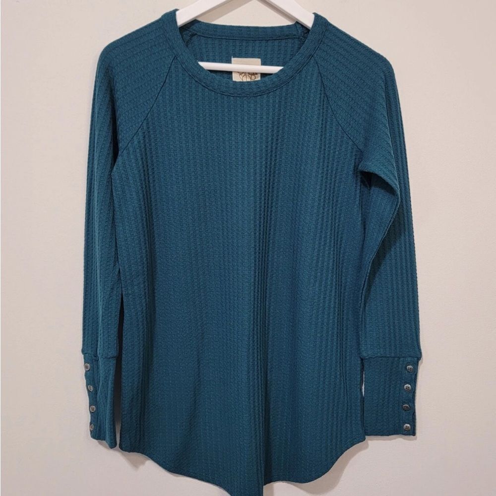Chaser Womens Shirt Teal Waffle Knit Thermal Long Sleeve Buttons L
